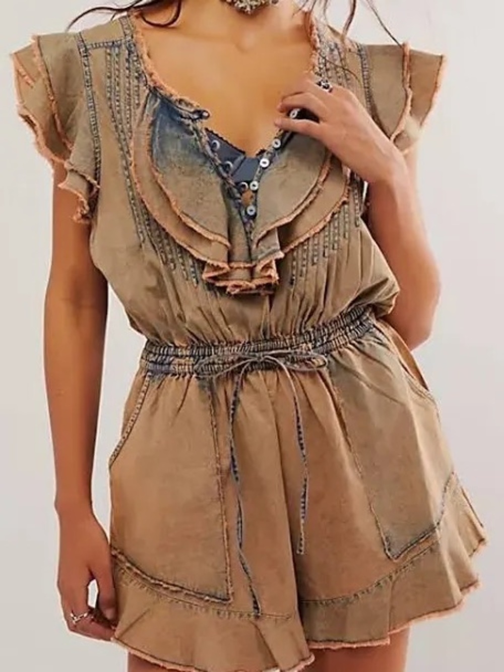 Free People FP One Naya Romper- Peach and Chambray- Size XS